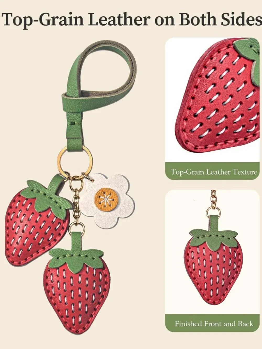 Handmade Strawberry Bag Charm | Double-Sided Leather Purse Accessory for Totes